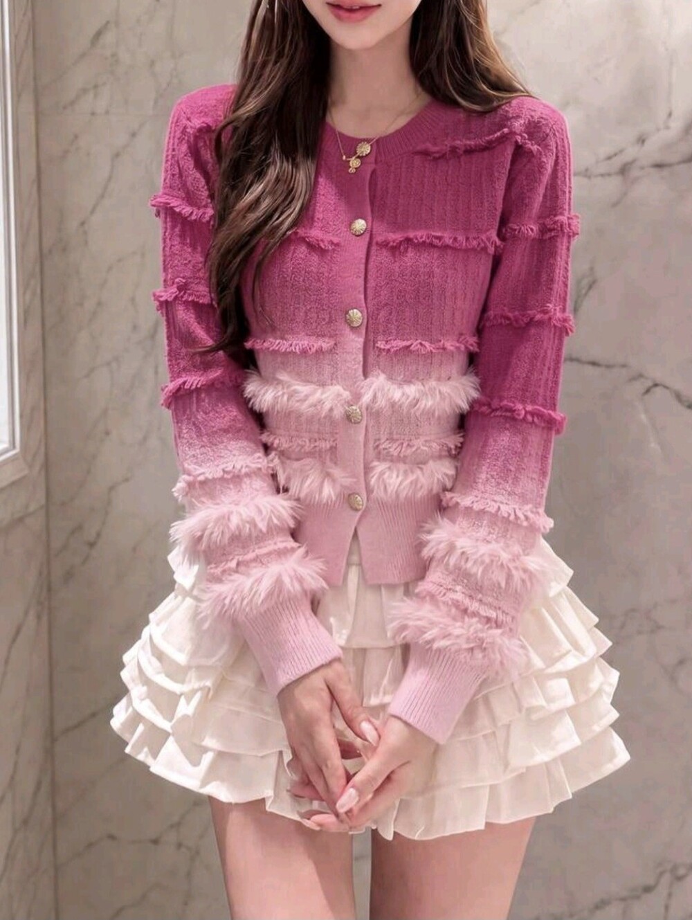 Women's Casual Elegant Gradient Design Frayed Hem Cardigan Sweater Jacket Pink